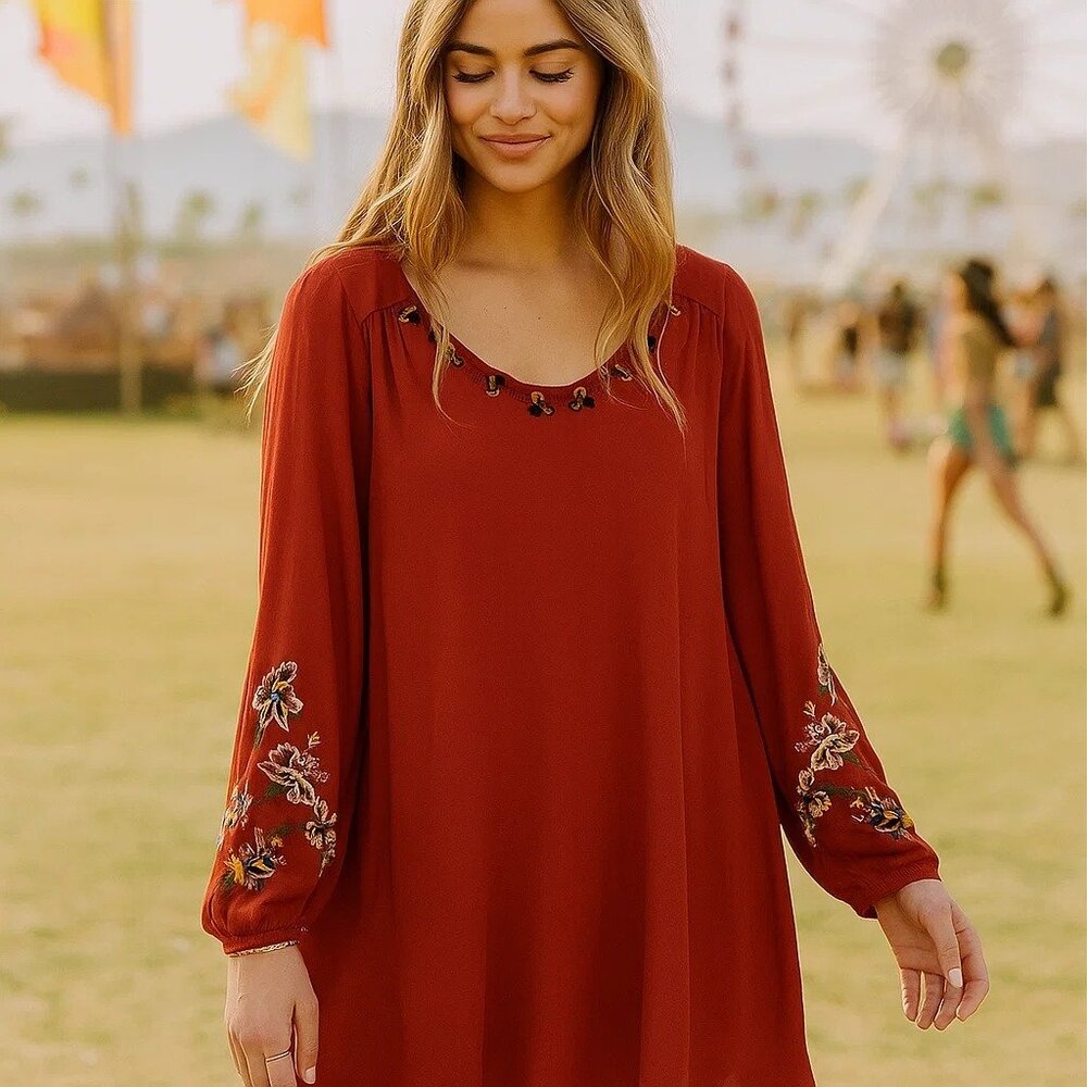 Altar'd State Long Sleeve Embroidered Boho Oversized Tunic Dress Small Festival